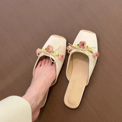 Satin Flower Slippers Summer Nonslip Slide Comfy Light Style Sandals Flat Mule Shoes