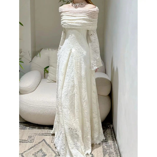 Autumn/winter Retro Flare Sleeve Off Shoulder Shawl White Dress Slimming Knitted Jacquard Fishtail Maxi Dress for