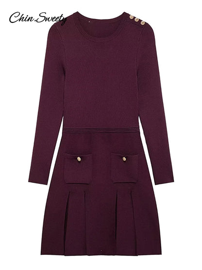 Knit Burgundy Red A-line Mini Dress O-neck Long Sleeves Pleat Party Dresses Female Spring New Pockets Button Vestidos