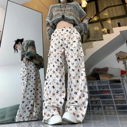 Retro Graffiti Design Sense Work Suit Pants 90s Hot Girl Y2k Straight Tube Sports Street Dance Wide Leg Pants