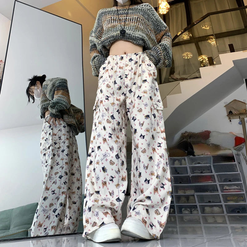Retro Graffiti Design Sense Work Suit Pants 90s Hot Girl Y2k Straight Tube Sports Street Dance Wide Leg Pants