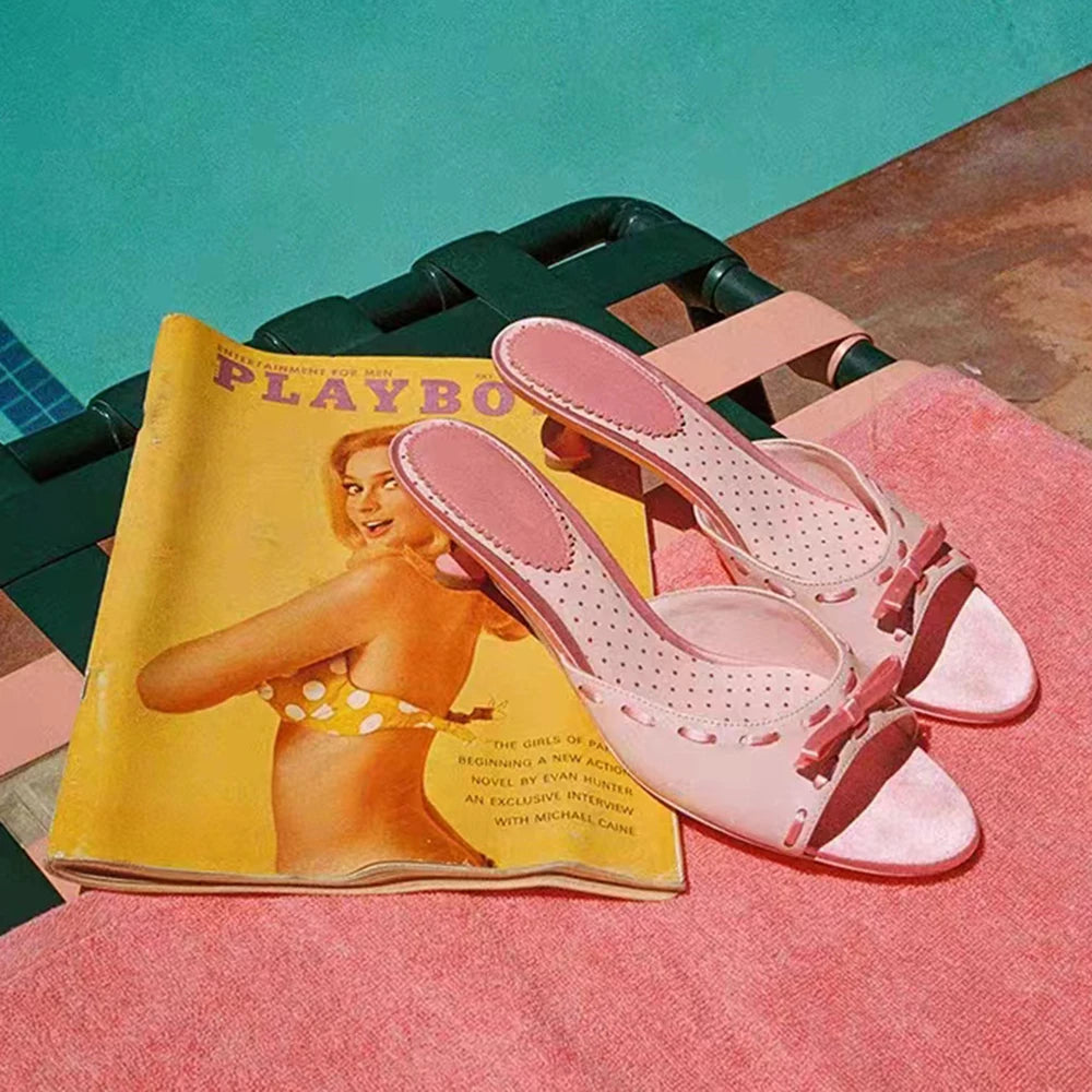 Peep Toe Bow Pink Mules Sweet Round Toe Low Heels Slipon Flower Heart Printed Slippers Summer Rubber Shoes
