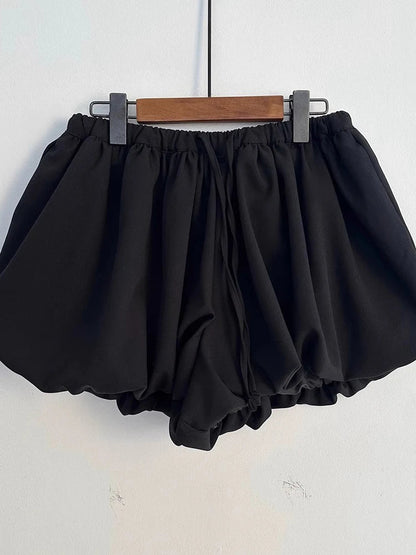 Korean Summer New Style Retro Temperament Drawstring Elastic Fluffy Flower Bud Pants Show Legs Long Shorts