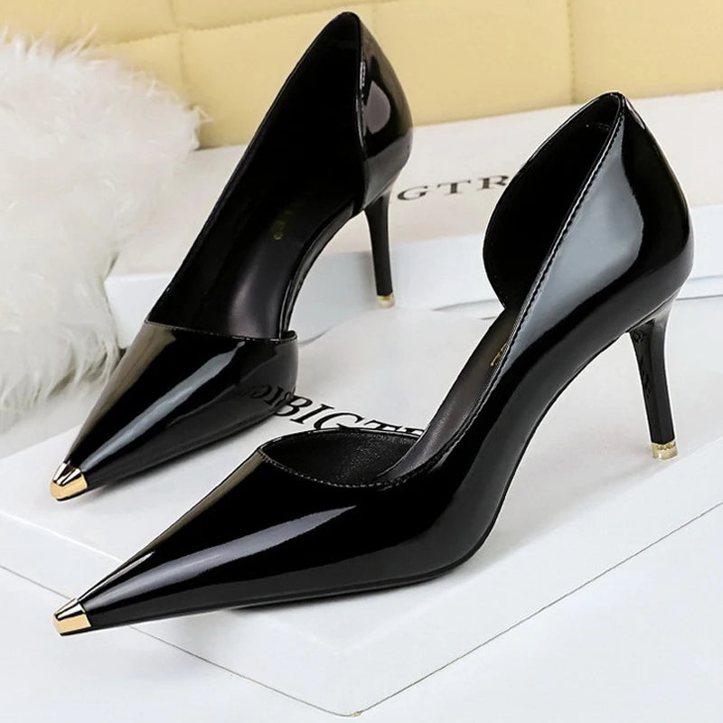 Shoes Black Patent Leather High Heels Metal Pointed Pumps Party Shoes Stilettos 7 Cm 10.5cm Heels