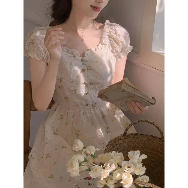 French Style Square Neck Puff Sleeves Dress Summer New Gentle Retro Fairy Forest Style Long Dresses Female