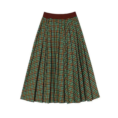 Large Plaid Skirts for Woman Autumn New Design Pleated Skirt Korean Faldas Long Elastic Waist Skirts