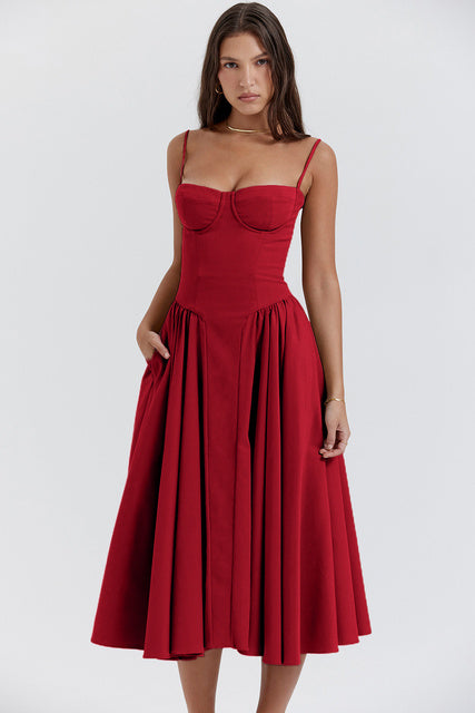 Dress Spaghetti Strap A-line Loose Midi Dresses Female Sleeveless Backless French Retro Long Dress