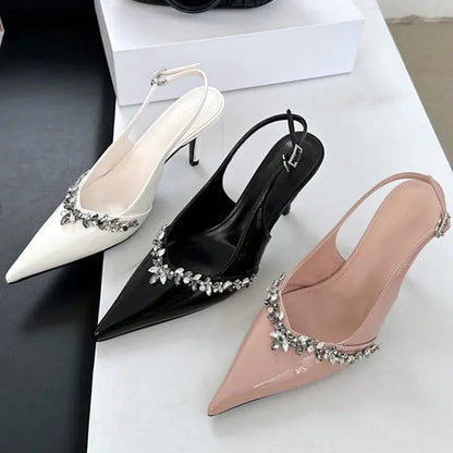Rhinestone Buckle Strap Pumps Pointed Toe Thin High Heels Slingbacks Heels Sandals Party Prom Shoes