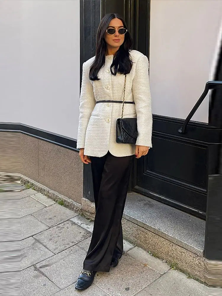 Tweed ’s Blazer Coat Slim O Neck Single Breasted Shoulder Pad Thick Jacket Female Spring Office Lady Outwear