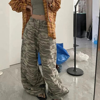 Y2k Camouflage Pants Hip Hop Baggy Pants Korean Drawstring Oversize Low Waist Summer Trousers