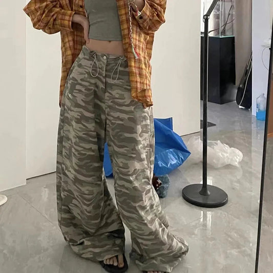 Y2k Camouflage Pants Hip Hop Baggy Pants Korean Drawstring Oversize Low Waist Summer Trousers