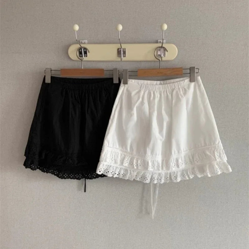 Laceup Pleated Color Aline Skirt Summer New High Waist Lace Splicing Hollow Out Mini Skirt