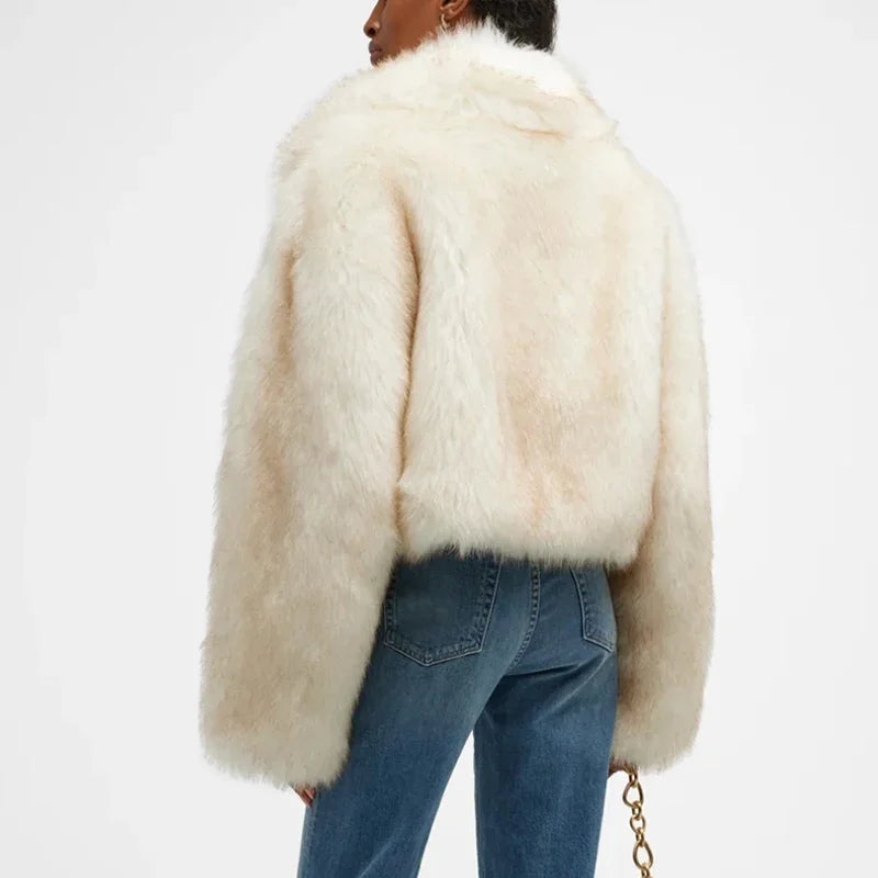 Brand Runway Yellow Gradient Cropped Fluffy Fur Jacket Coat Winter Thicken Faux Fox Fur Outerwear