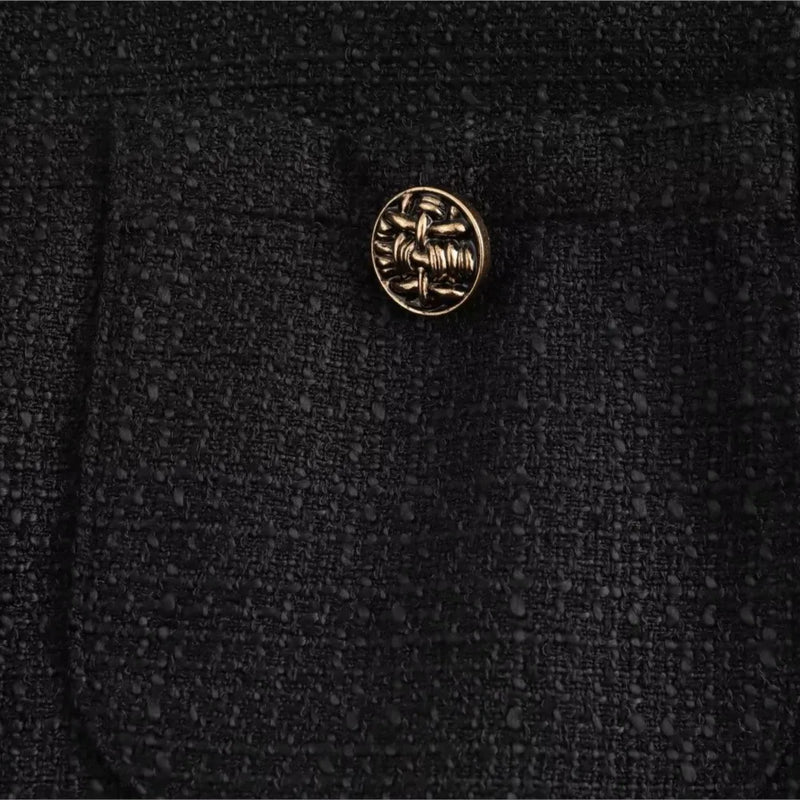 Autumn O Neck Soft Woolen Black Tweed Coat Cropped Front Pocket Single-breated Buttons Short Blazer Jacket