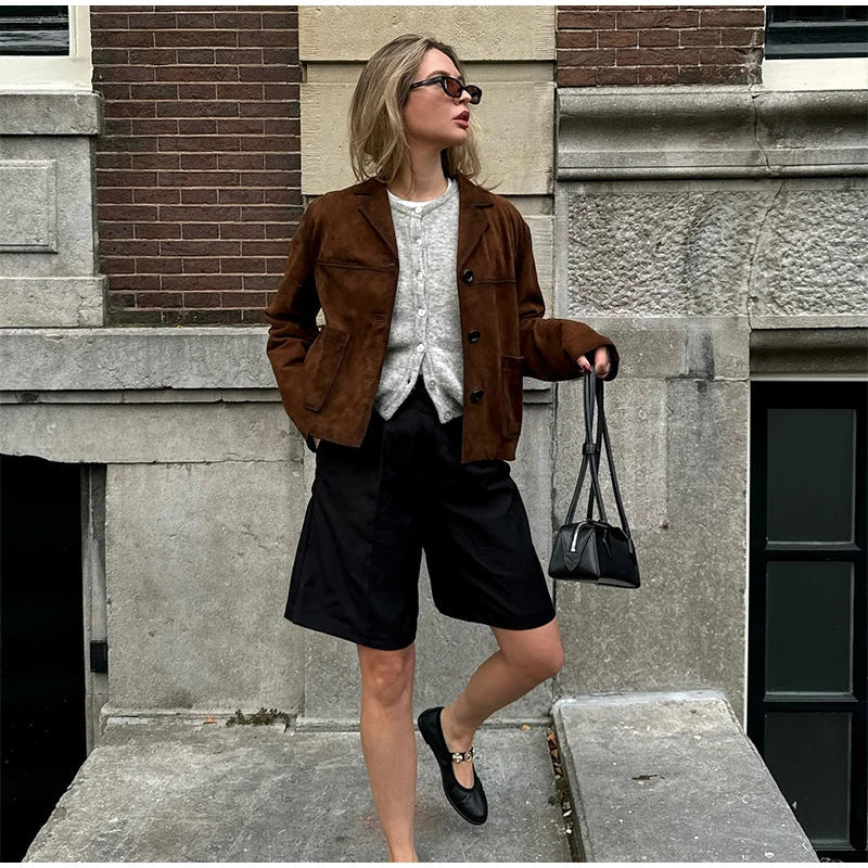 Retro Suede Female Blazer Jacket Lapel Single Breasted Long Sleeve Lady Short Coat Autumn Winter Pockets Lady Outwear