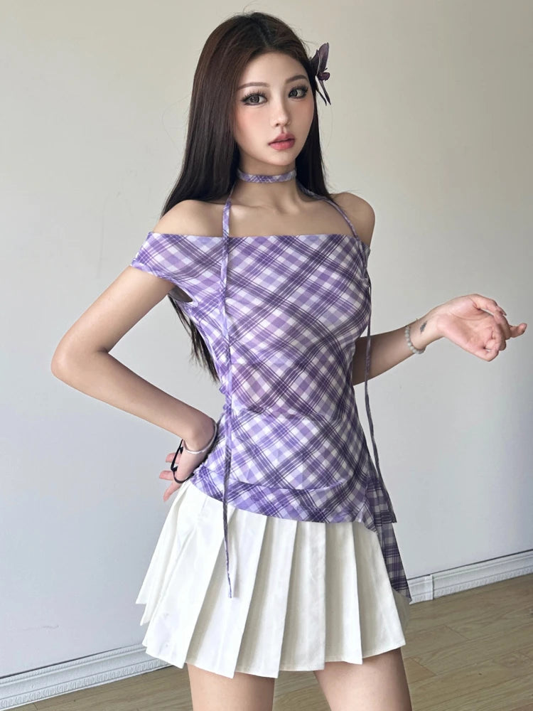 Y2k Aesthetic Sleeveless Plaid Blouse Summer Laceup Shirts Japanese Sweet Irregular Tees