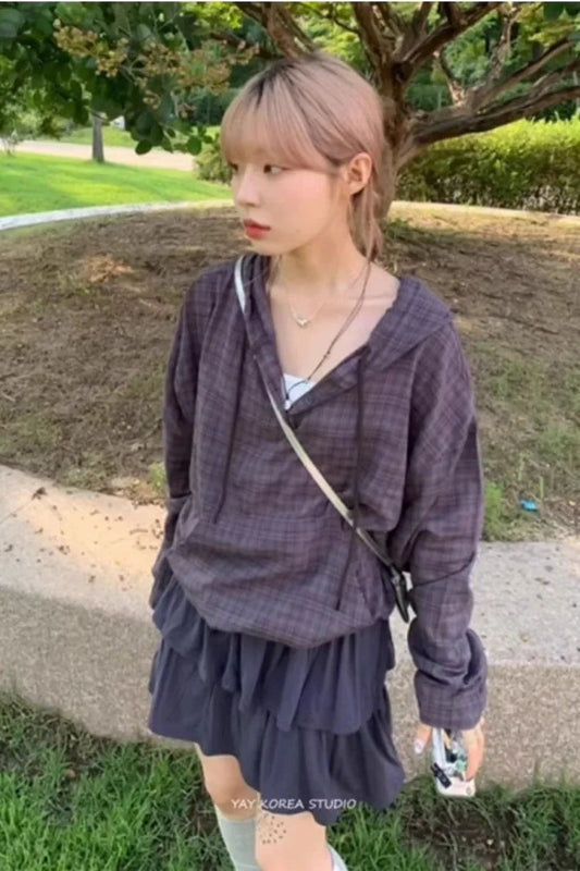Korean Retro Plaid Drawstring Hoodie Button Tops Autumn New Loose Blouses Y2k Grunge Long Sleeve Blusas Mujer Shirt