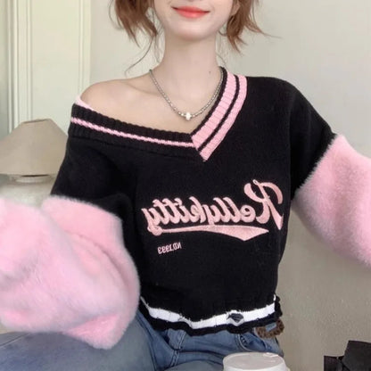 Korean Sweet Vneck Off Shoulder Pullovers Autumn New Embroidery Lazy Tops Y2k Egirl Long Sleeve Sweaters Mujer