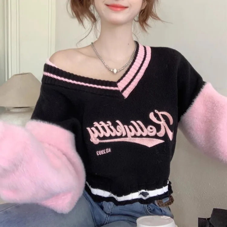 Korean Sweet Vneck Off Shoulder Pullovers Autumn New Embroidery Lazy Tops Y2k Egirl Long Sleeve Sweaters Mujer