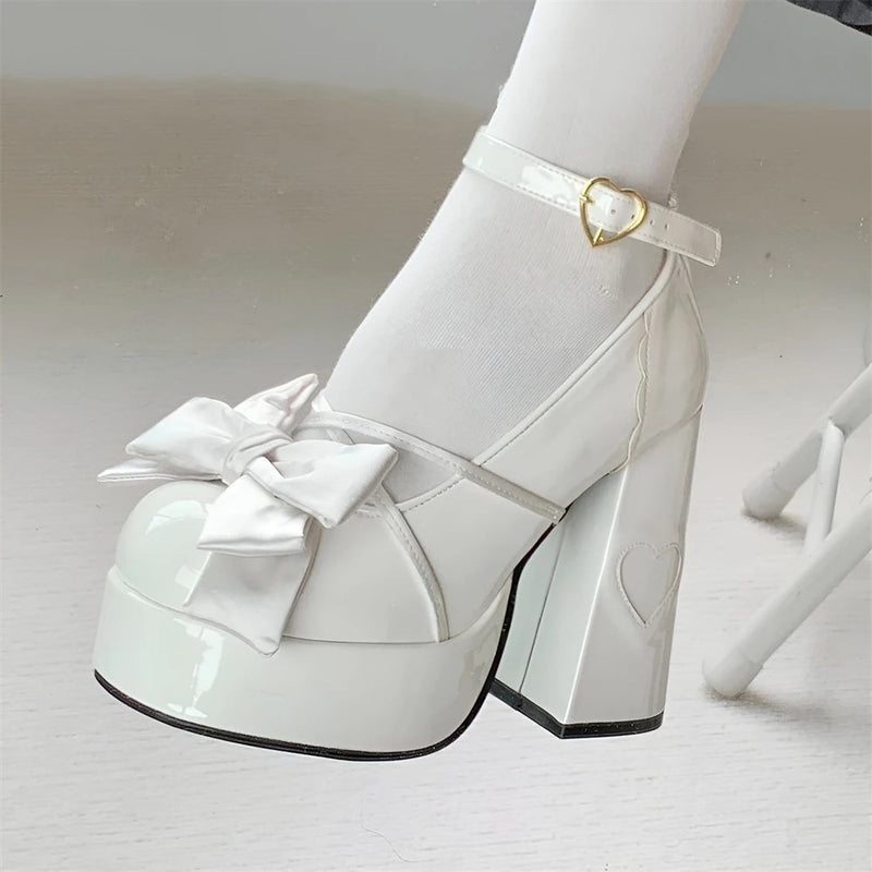 Lolita Bow Bow Decor Pumps Platform Chunky High Heels Ankle Strap Sweet Pumps for Girl Shoes