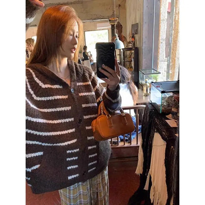 American Striped Hooded Sweater for Autumn and Winter New Lazy Style Thick Loose Knitted Cardigans Clothing