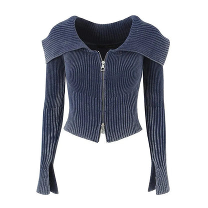 Knitted Cardigan Big Lapel Off Shoulder Full Sleeve Midriffbaring Sweater Female Autumn New