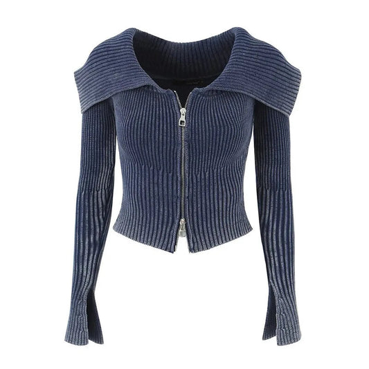 Knitted Cardigan Big Lapel Off Shoulder Full Sleeve Midriffbaring Sweater Female Autumn New