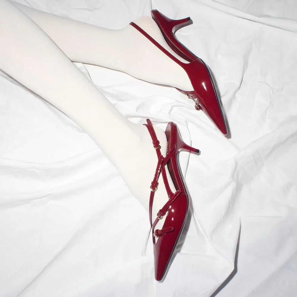Brand Design Med Heels Pumps Pointed Toe Buckle Party Trend Slipon Mules Pumps Slingback Stiletto Shoes for