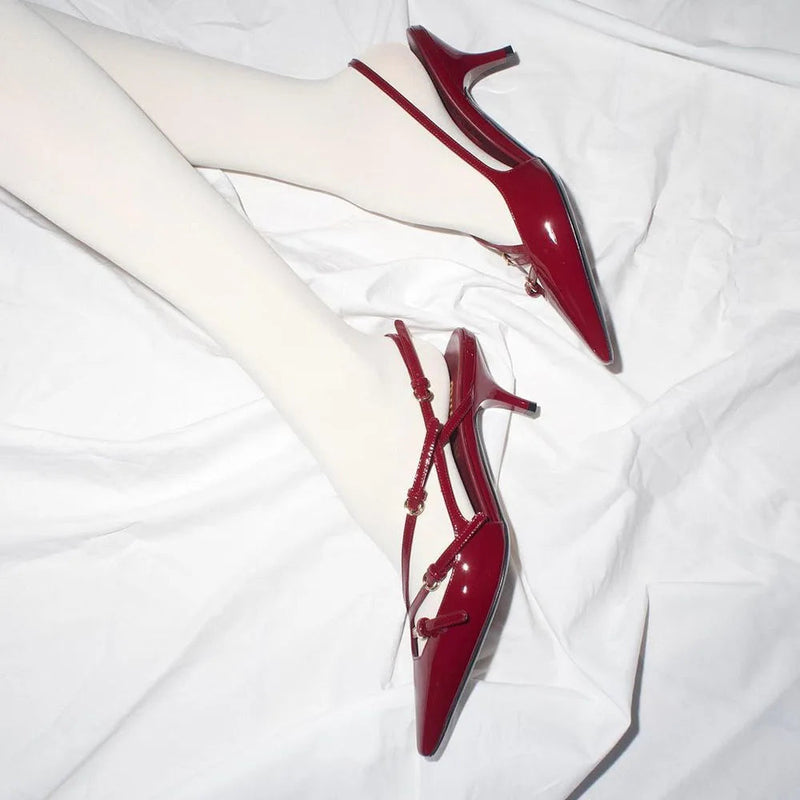 Brand Design Med Heels Pumps Pointed Toe Buckle Party Trend Slipon Mules Pumps Slingback Stiletto Shoes for