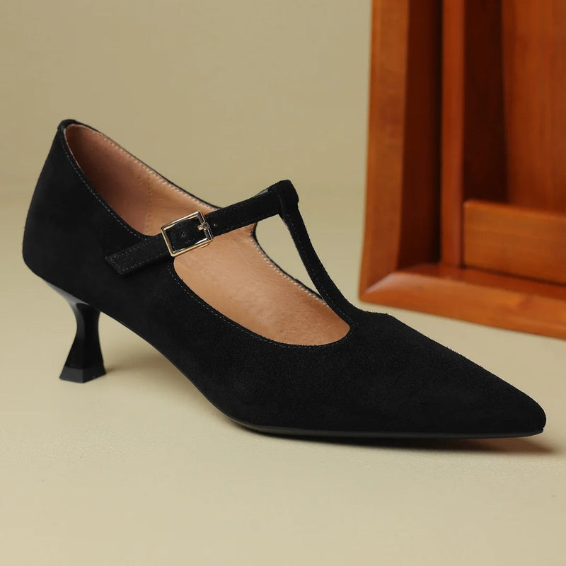 Natural Suede Leather Thin High Heel Pointed Toe Pumps Spring Autumn New Heeled Retro Heeled Shoes