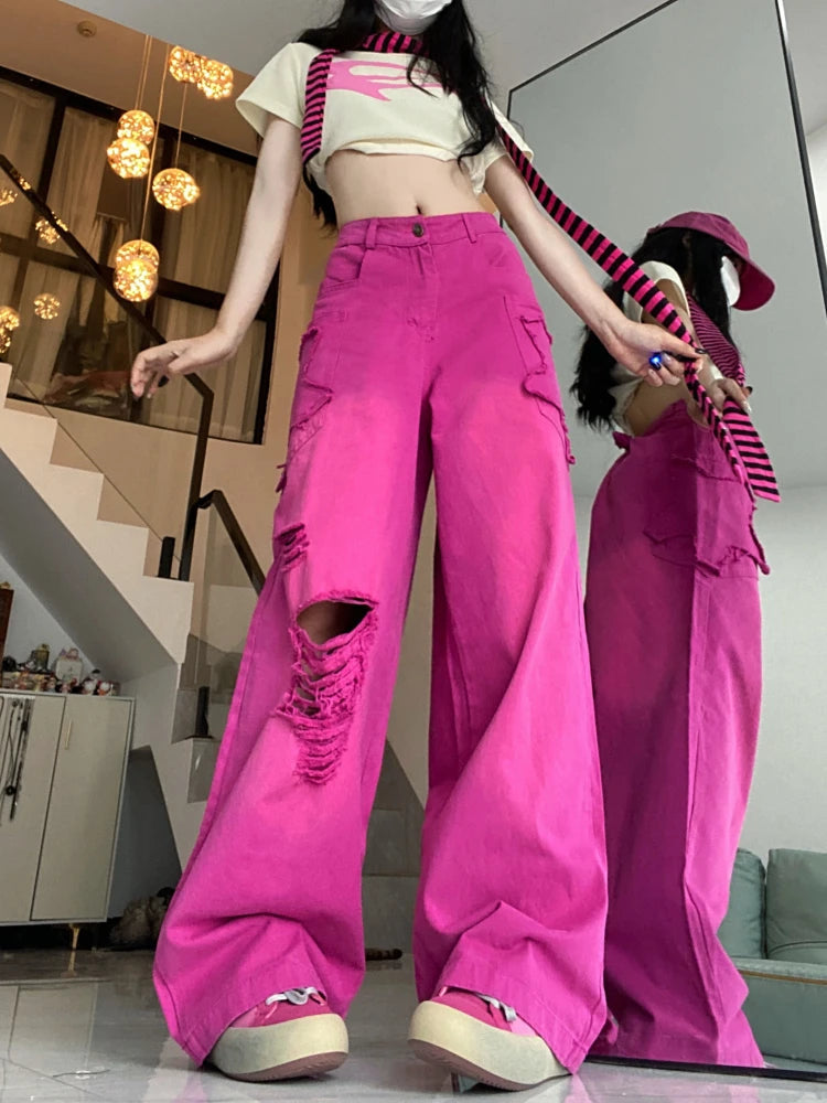 Ripped Jeans for High Waist Y2k Loose Star Korean Hip Hop Hole Wide Leg Denim Pants Harajuku Summer Slacks