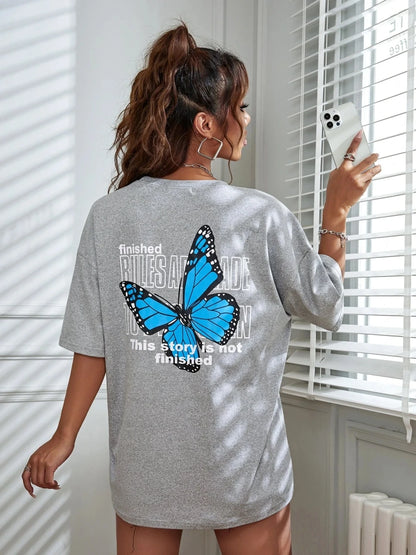 Art Word and Blue Butterfly Printed T-shirt Cotton Short Sleeve Breathable Summer T Shirt Street Clothing