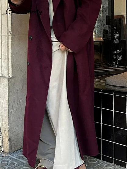 Burgundy Red Woolen Long Coat Oversized Shoulder Pads Full Sleeve Double Breasted Overcoats Autumn Lady