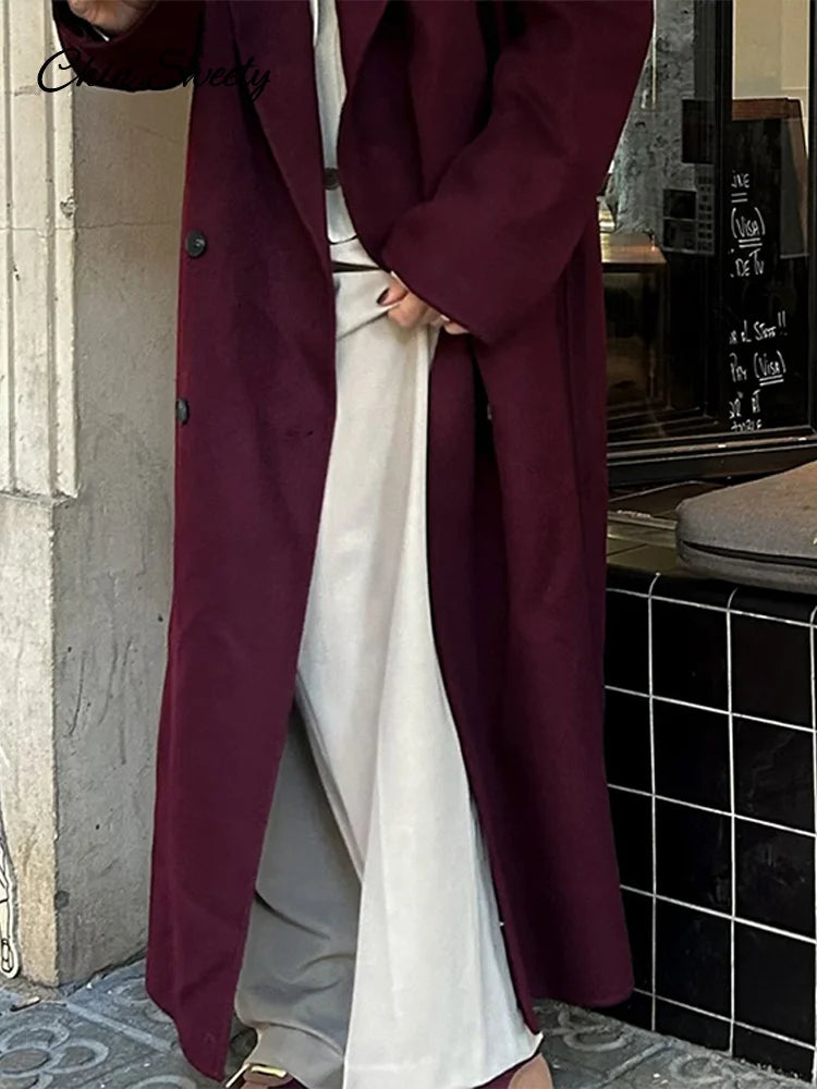 Burgundy Red Woolen Long Coat Oversized Shoulder Pads Full Sleeve Double Breasted Overcoats Autumn Lady