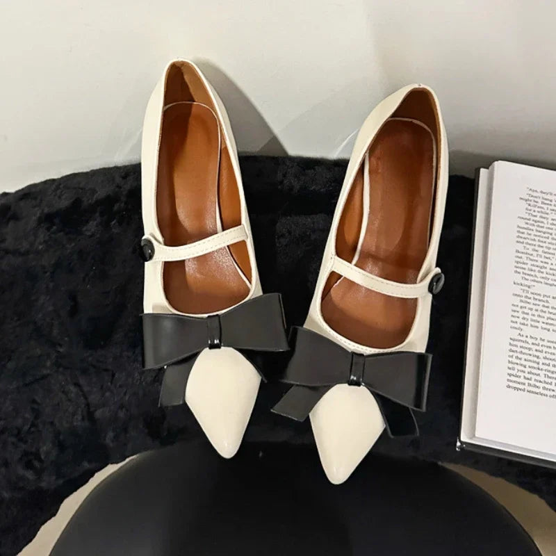 Bow Pointed Toe Mary Jane Shoes Chunky Heel Office Shoes Comfy Pumps Female Fashions Retro High Heels