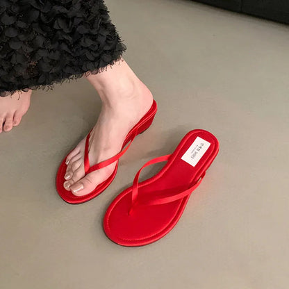 Summer New Slipper Narrow Band Slip on Flip on Shoes Low Wedge Heel Outdoor Dress Slides New Woman