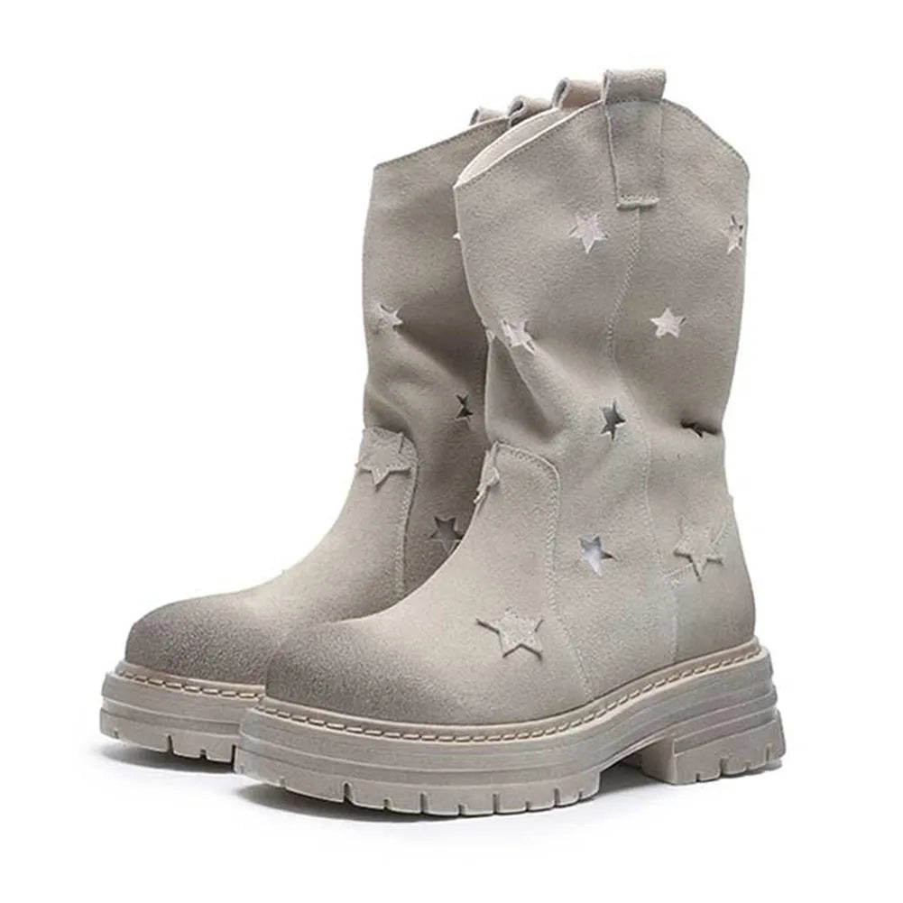 Western Cowgirl Boots Western Chunky Heel Round Toe Platform Star Hollow Retro Cowboy Mid Calf Boots for Shoes