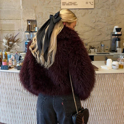 Winter Hot Iconic Blogger Burgundy Faux Fur Coat Overcoat Shawl Collar Lamb Fur Jacket