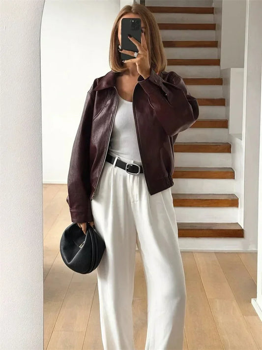 Autumn Lapel Pu Outwear Female Zipper Pocket Patchwork Long Sleeve for Cropped Jacket Top
