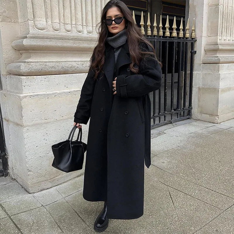 Lapel Long Coats With Belt Lace Up Double Breasted Full Sleeve Overcoat Autumn Winter New Lady