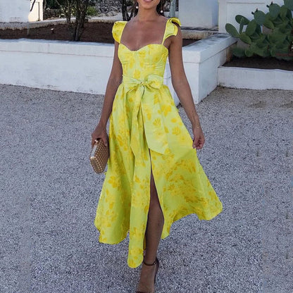 Flowers Print Sleeveless Long Dresses Low Cut Backless Bowknot Leace-up Slit Dress Temperament Lady Vestidos New