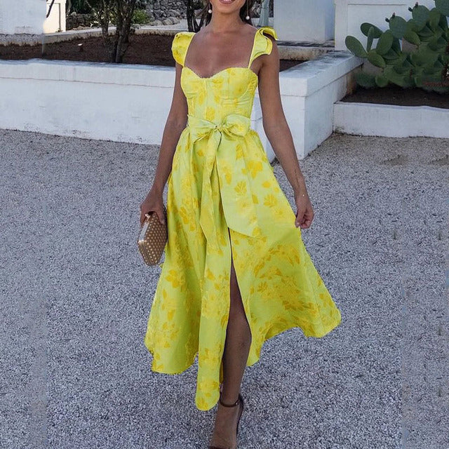 Flowers Print Sleeveless Long Dresses Low Cut Backless Bowknot Leace-up Slit Dress Temperament Lady Vestidos New