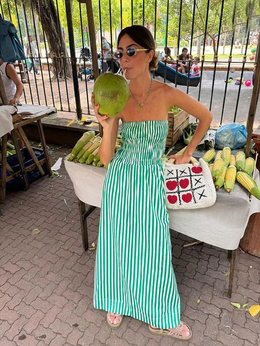New Green Stripes Maxi Dress Tube Long Beach Dress Off Shoulder Backless Summer Bust Elastic Dresses