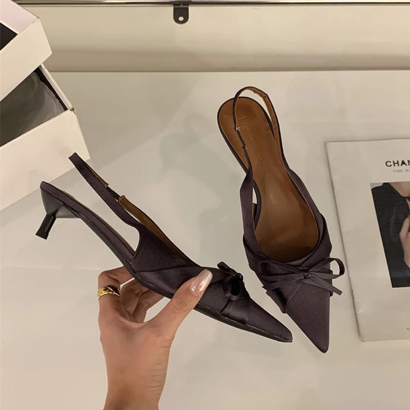 Bowktie Pointed Toe Slingbacks Low Thin Heel Dress Shoes