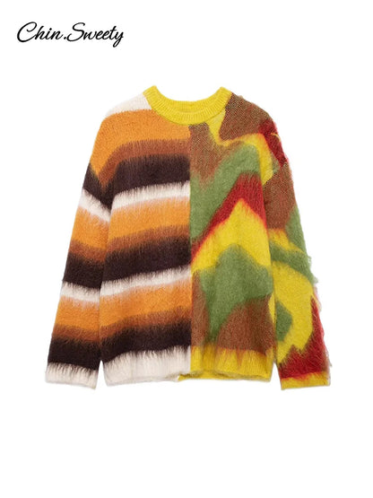 Mohair Knit Pullover Colorful O-neck Long Sleeve Loose Sweater New Autumn Lady All-matching Knitwear