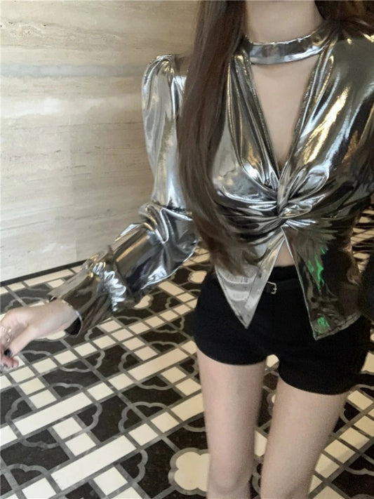 Halter Shiny Blouse Puff Sleeve Vneck Slim Fit Shirts Autumn Winter Design Silver Top