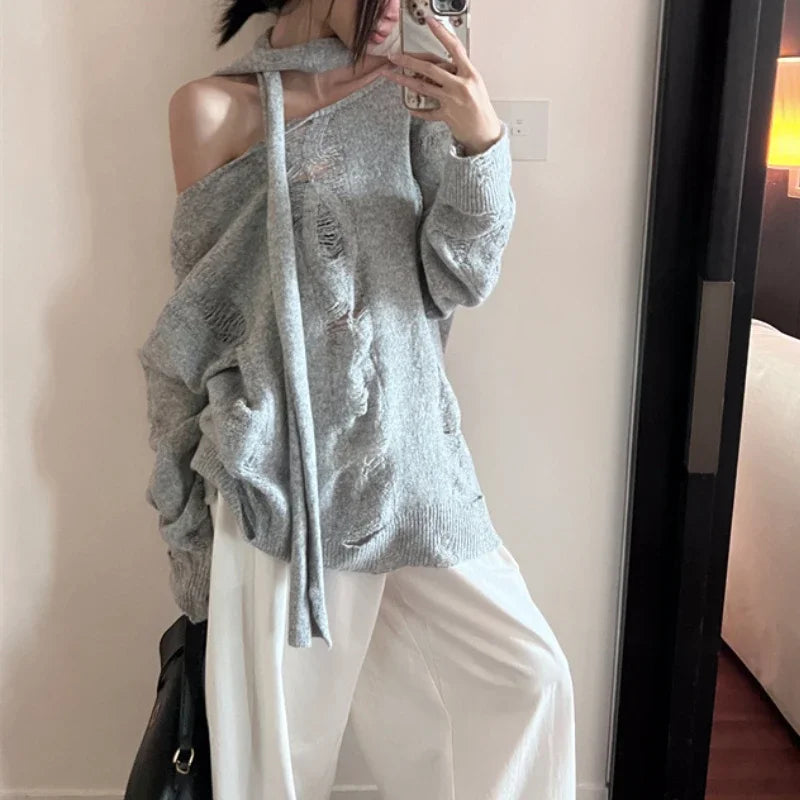 High Street Gray Hollow Hole Long Sleeve Sweater Autumn New Korean Strapless Laceup Loose Knitted Tops