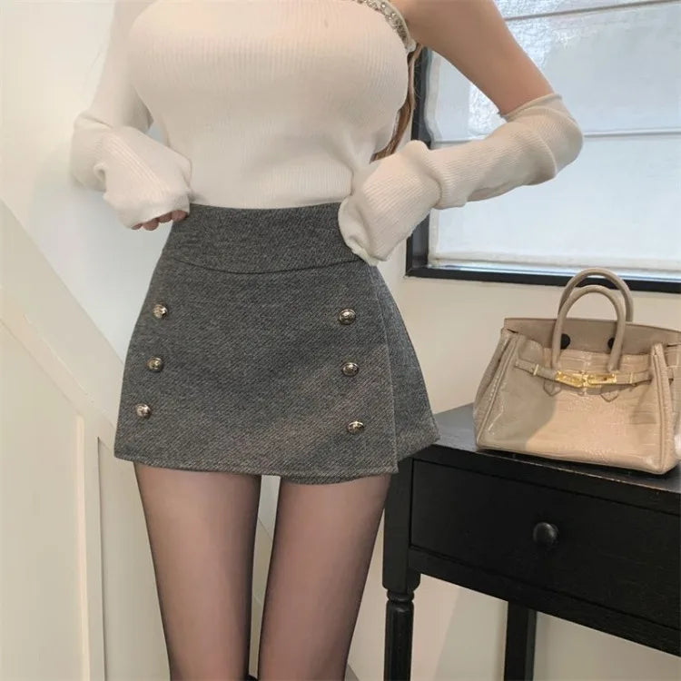 Short Skirts Shorts New High Waist Double Breasted Design Woolen Mini Skirt Versatile Faldas