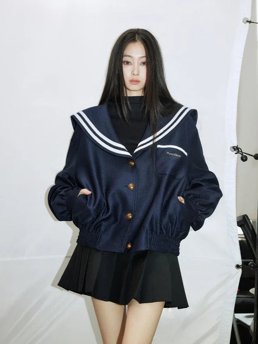 Sailor Collar Jacket Patchwork Long Sleeve Oversize Coat Preppy Style Uniform Old Money Aesthetics Outfits