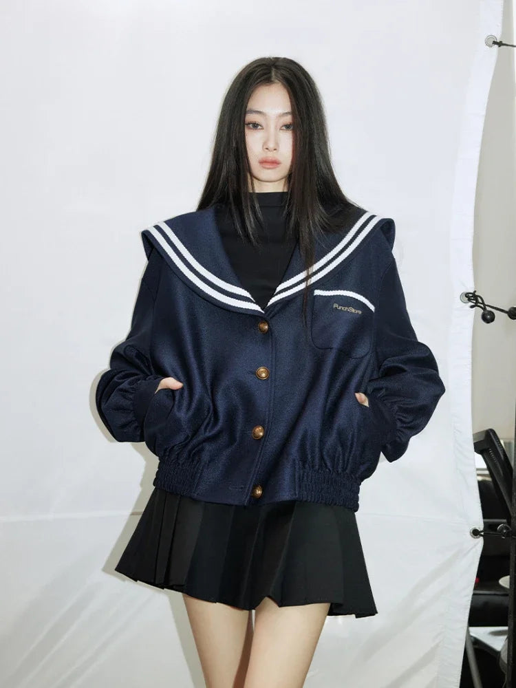 Sailor Collar Jacket Patchwork Long Sleeve Oversize Coat Preppy Style Uniform Old Money Aesthetics Outfits